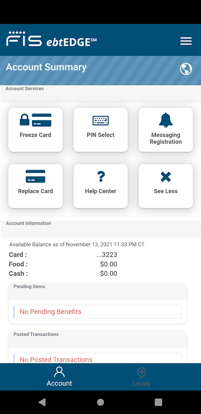 view of ebtEdge mobile application Account Summary page
